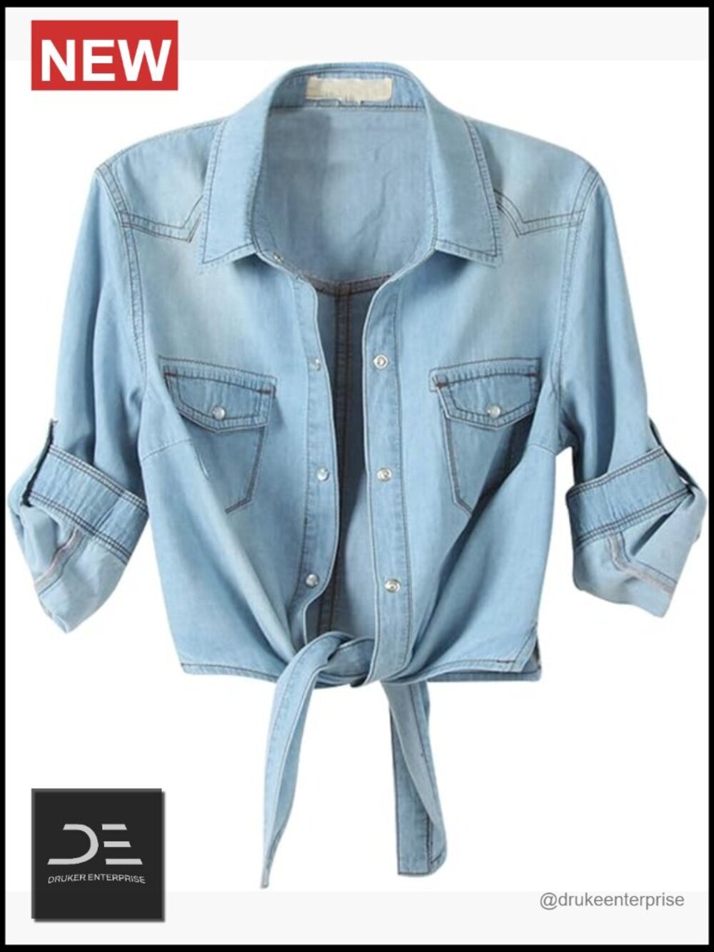 Women's 3/4 Sleeve Button Down Crop Top Chambray Denim Tie Front Knot Shirt